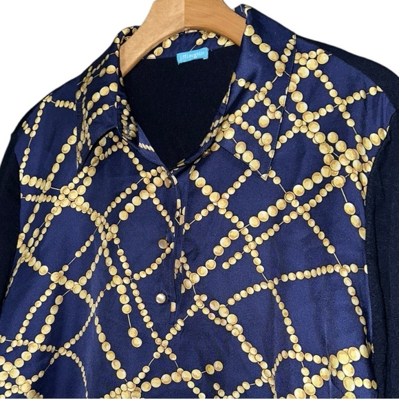 J. McLaughlin Women’s Size L Navy Blue Gold Silk Front Sweater Back Shirt Top - Picture 4 of 8